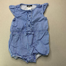 Load image into Gallery viewer, Girls Bardot Junior, blue stripe stretch cotton romper, marks lower back, FUC, size 1,  
