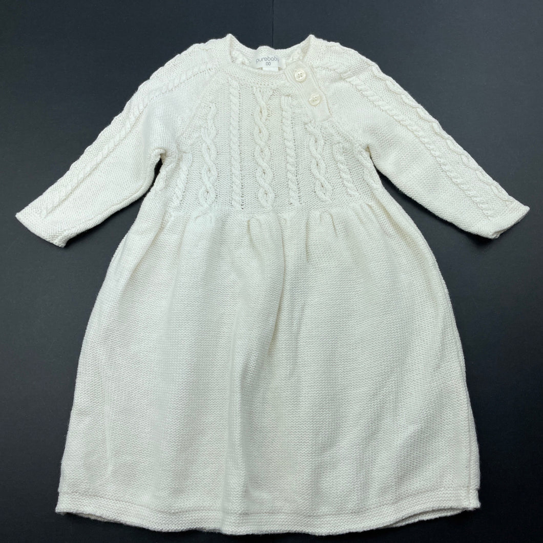 Girls purebaby, knitted organic cotton / wool dress, GUC, size 00, L: 38cm