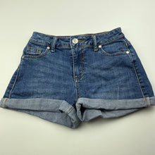 Load image into Gallery viewer, Girls Tilii, blue stretch denim shorts, W: 28cm across, FUC, size 9,  
