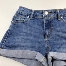 Load image into Gallery viewer, Girls Tilii, blue stretch denim shorts, W: 28cm across, FUC, size 9,  