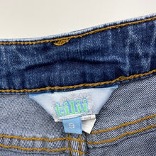 Load image into Gallery viewer, Girls Tilii, blue stretch denim shorts, W: 28cm across, FUC, size 9,  