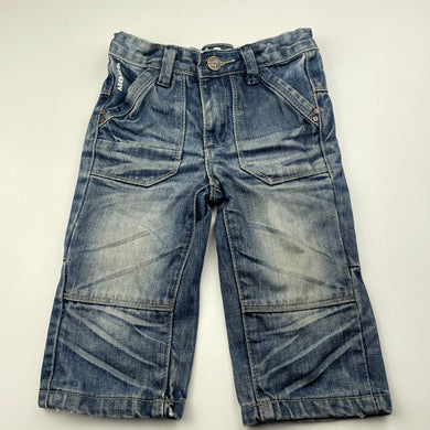 Boys ABCD Industrie, dark denim jeans, adjustable, wear on cuffs, FUC, size 0,  