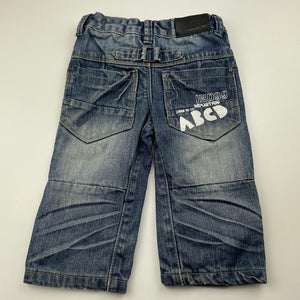 Boys ABCD Industrie, dark denim jeans, adjustable, wear on cuffs, FUC, size 0,  