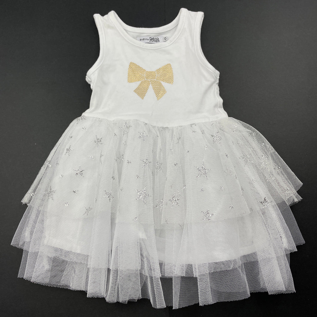 Girls Baby by Djs, white tulle party dress, stars, GUC, size 0, L: 38cm