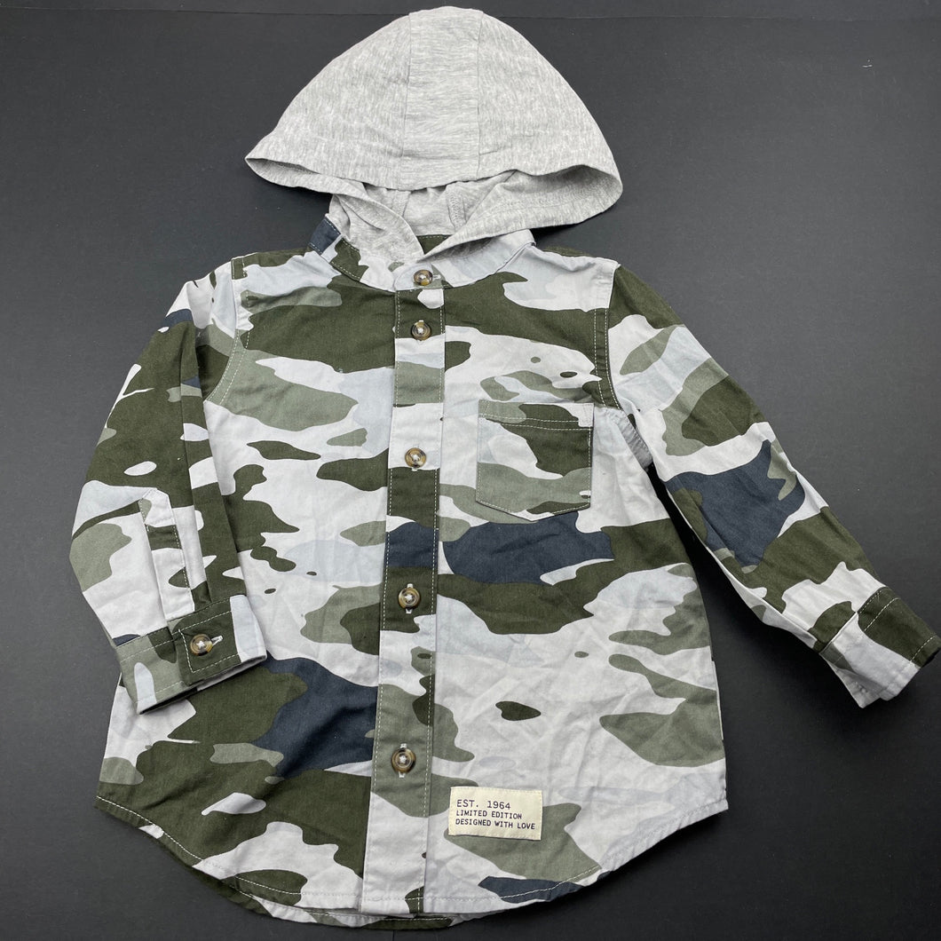 Boys Dymples, camo print long sleeve hooded shirt, EUC, size 1,  