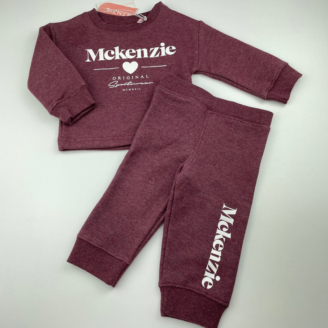 Girls McKenzie, burgundy fleece lined track top & bottoms, elasticated, NEW, size 0,  