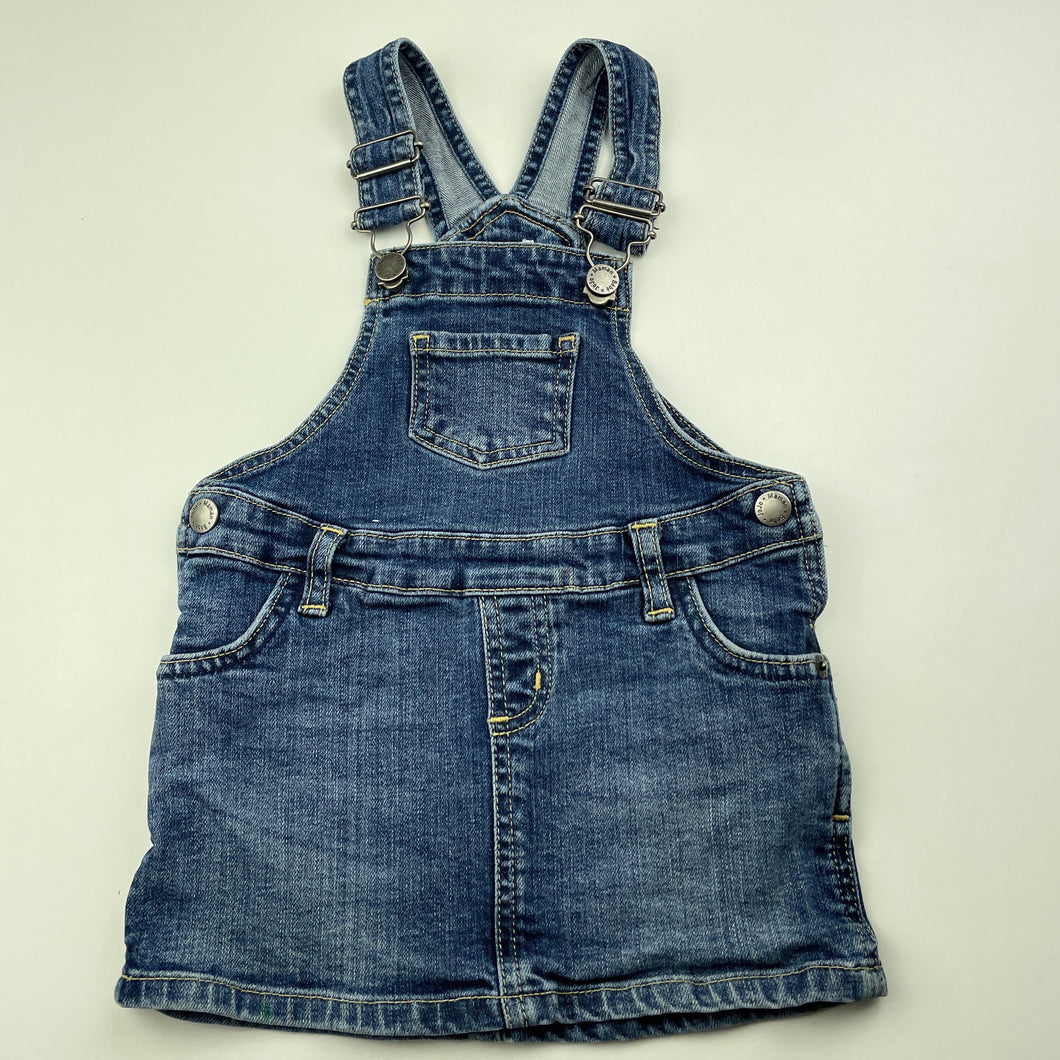 Girls JoJo Maman Bebe, stretch denim overalls dress / pinafore, GUC, size 1, L: 44cm