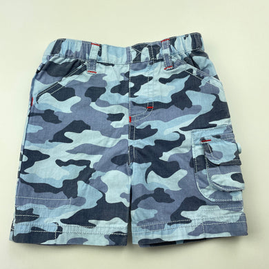 Boys M & Co Baby, blue camo print cotton shorts, elasticated, GUC, size 000,  