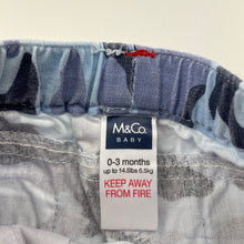Load image into Gallery viewer, Boys M &amp; Co Baby, blue camo print cotton shorts, elasticated, GUC, size 000,  