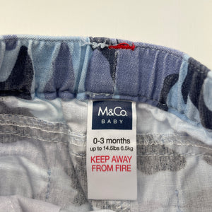 Boys M & Co Baby, blue camo print cotton shorts, elasticated, GUC, size 000,  