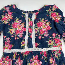Load image into Gallery viewer, Girls navy, lightweight floral cotton hi-lo dress, armpit to armpit: 31cm, GUC, size 5-6, L: 61cm at front