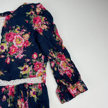 Load image into Gallery viewer, Girls navy, lightweight floral cotton hi-lo dress, armpit to armpit: 31cm, GUC, size 5-6, L: 61cm at front