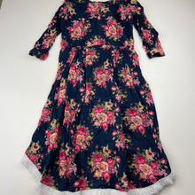 Load image into Gallery viewer, Girls navy, lightweight floral cotton hi-lo dress, armpit to armpit: 31cm, GUC, size 5-6, L: 61cm at front