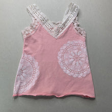 Load image into Gallery viewer, Girls pink, stretchy singlet top, lace trim, no labels, armpit to armpit: 23cm, GUC, size 1,  