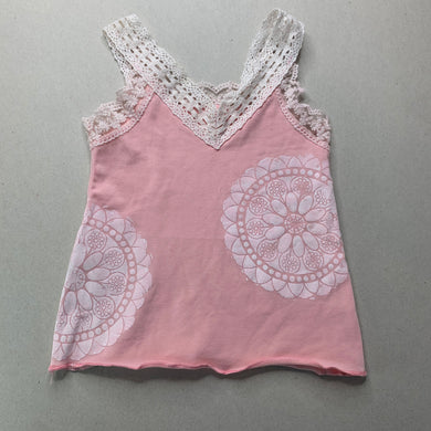 Girls pink, stretchy singlet top, lace trim, no labels, armpit to armpit: 23cm, GUC, size 1,  