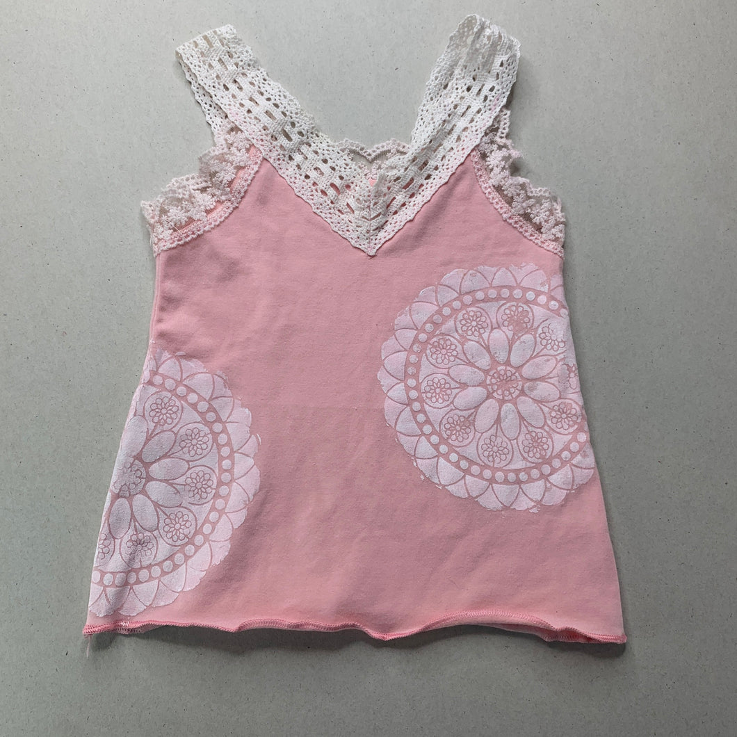 Girls pink, stretchy singlet top, lace trim, no labels, armpit to armpit: 23cm, GUC, size 1,  