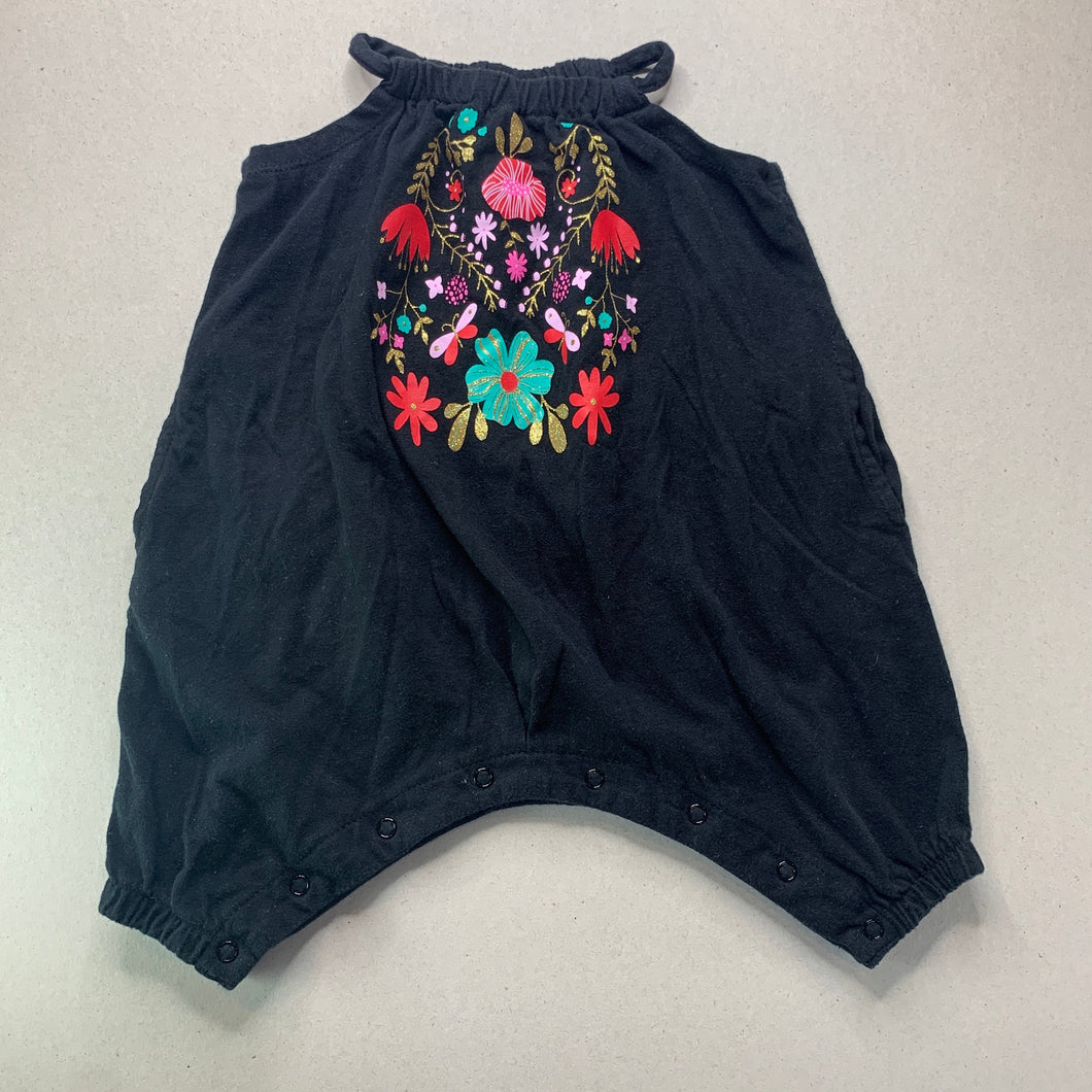 Girls Baby Berry, black cotton summer romper, flowers, EUC, size 00,  