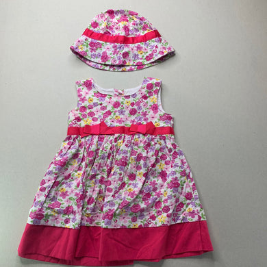 Girls Blue Sky, floral cotton party dress, matching hat, EUC, size 0, L: 42cm