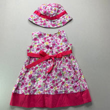 Load image into Gallery viewer, Girls Blue Sky, floral cotton party dress, matching hat, EUC, size 0, L: 42cm