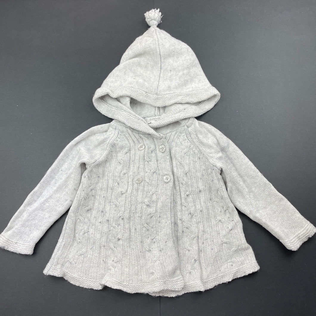 unisex purebaby, organic cotton / wool knitted hooded cardigan, GUC, size 00,  