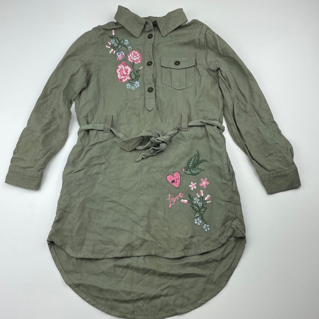 Girls H&M, embroidered khaki shirt dress, GUC, size 5, L: 49cm at front