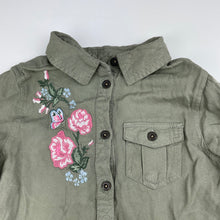 Load image into Gallery viewer, Girls H&amp;M, embroidered khaki shirt dress, GUC, size 5, L: 49cm at front