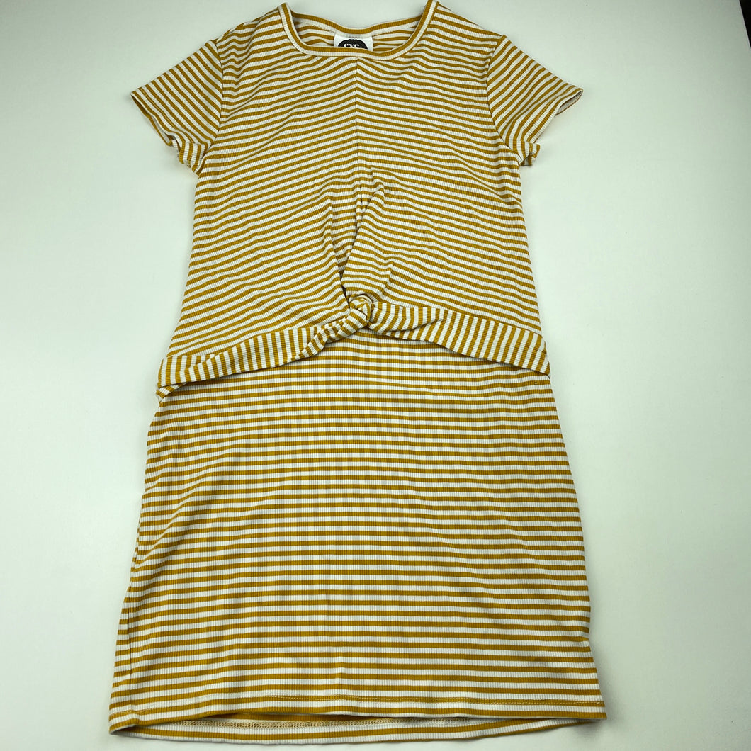 Girls Eve Girl, stretchy mustard & white stripe casual dress, EUC, size 10, L: 63cm