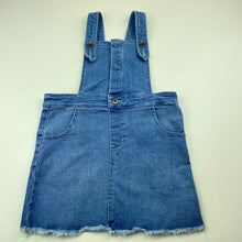 Load image into Gallery viewer, Girls Bardot Junior, blue stretch denim overalls dress / pinafore, small mark on front, FUC, size 5, L: 53cm
