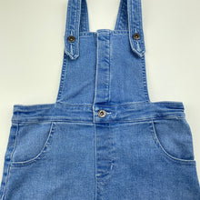 Load image into Gallery viewer, Girls Bardot Junior, blue stretch denim overalls dress / pinafore, small mark on front, FUC, size 5, L: 53cm