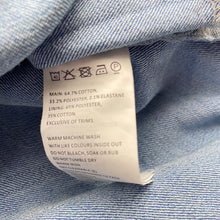 Load image into Gallery viewer, Girls Bardot Junior, blue stretch denim overalls dress / pinafore, small mark on front, FUC, size 5, L: 53cm