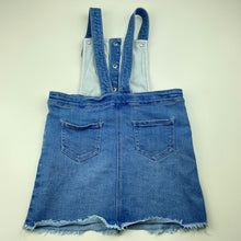 Load image into Gallery viewer, Girls Bardot Junior, blue stretch denim overalls dress / pinafore, small mark on front, FUC, size 5, L: 53cm