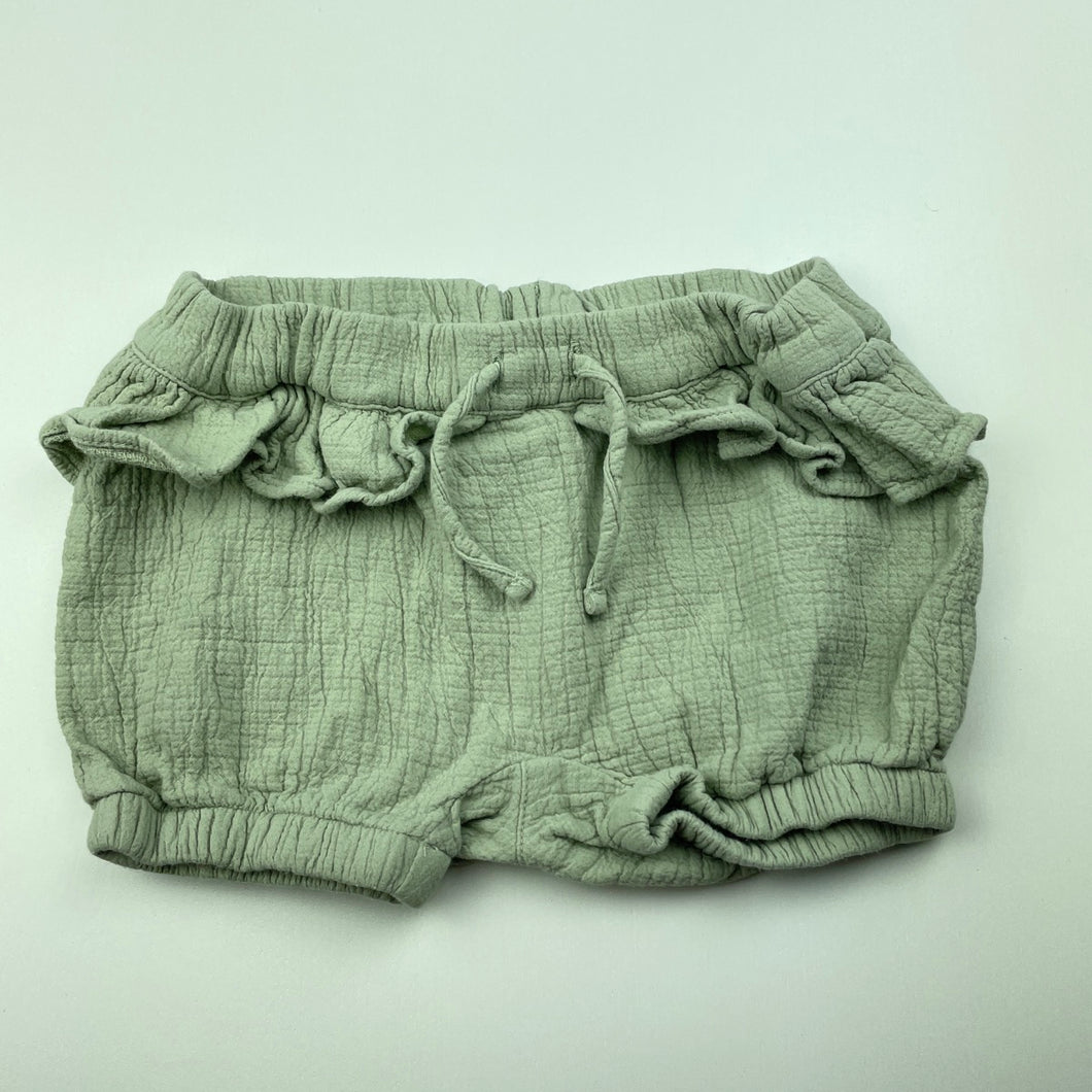 Girls Anko, sage crinkle cotton shorts, elasticated, GUC, size 00,  