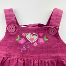 Load image into Gallery viewer, Girls Blue Sky, lined embroidered corduroy cotton overalls dress, EUC, size 00, L: 36cm