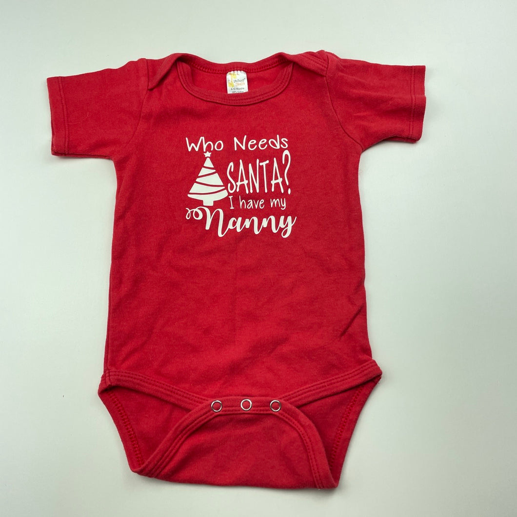 unisex Laughing Giraffe, red cotton Christmas bodysuit / romper, GUC, size 0,  