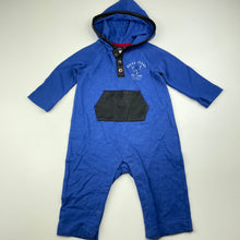 Load image into Gallery viewer, Boys Guess, blue cotton hooded romper, faux leather trim, EUC, size 0,  