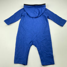 Load image into Gallery viewer, Boys Guess, blue cotton hooded romper, faux leather trim, EUC, size 0,  
