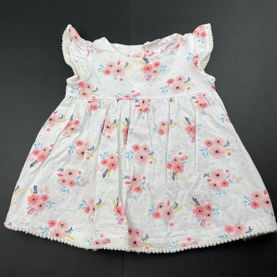Girls Sprout, floral cotton dress, pom pom trim, GUC, size 00, L: 33cm