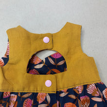 Load image into Gallery viewer, Girls lightweight, mustard &amp; navy floral dress, armpit to armpit: 20.5cm, EUC, size 0000-000, L: 30cm