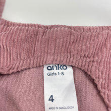 Load image into Gallery viewer, Girls Anko, pink corduroy cotton overalls dress, EUC, size 4, L: 56cm