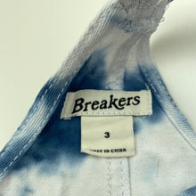 Load image into Gallery viewer, Girls Breakers, tie dyed denim overalls dress, mark back left, FUC, size 3, L: 51cm