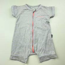 Load image into Gallery viewer, unisex Bonds, lilac &amp; grey zip wondersuit romper, EUC, size 00,  