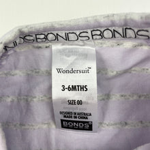 Load image into Gallery viewer, unisex Bonds, lilac &amp; grey zip wondersuit romper, EUC, size 00,  