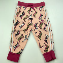 Load image into Gallery viewer, Girls Adidas, pink animal print track pants, elasticated, Inside leg: 30.5cm, FUC, size 2,  