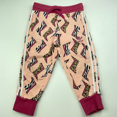 Girls Adidas, pink animal print track pants, elasticated, Inside leg: 30.5cm, FUC, size 2,  