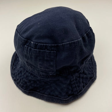 Boys Mothercare, navy cotton bucket hat, chin strap, FUC, size 0,  