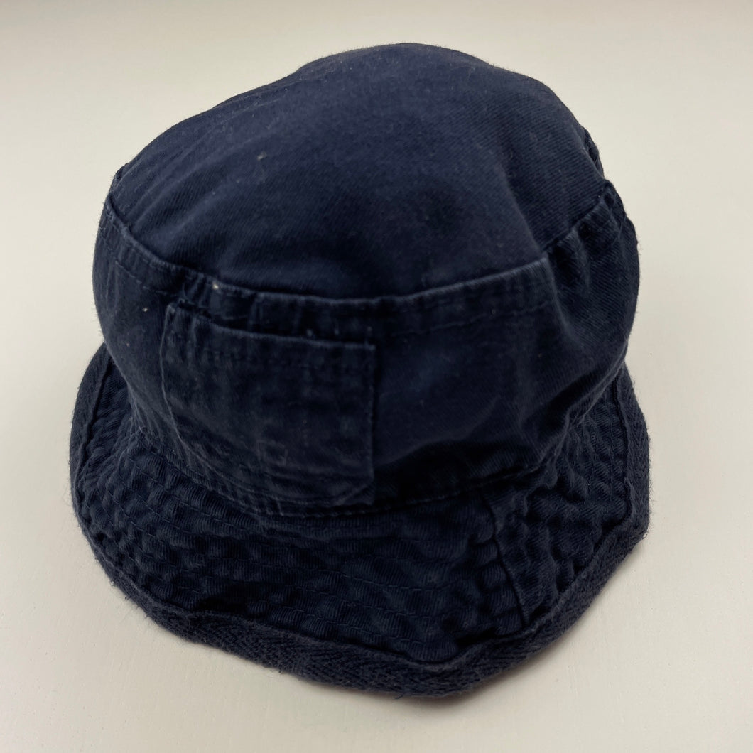 Boys Mothercare, navy cotton bucket hat, chin strap, FUC, size 0,  