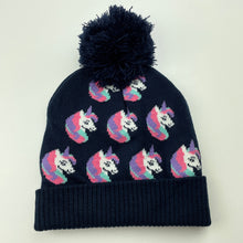 Load image into Gallery viewer, Girls KID, navy knitted hat/beanie, unicorns, EUC, size 3-5,  