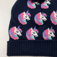 Load image into Gallery viewer, Girls KID, navy knitted hat/beanie, unicorns, EUC, size 3-5,  