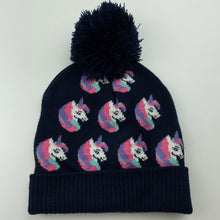 Load image into Gallery viewer, Girls KID, navy knitted hat/beanie, unicorns, EUC, size 3-5,  