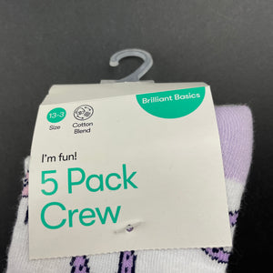 Girls Brilliant Basics, 5-pack crew socks, size 13-3, NEW, size 8-10,  